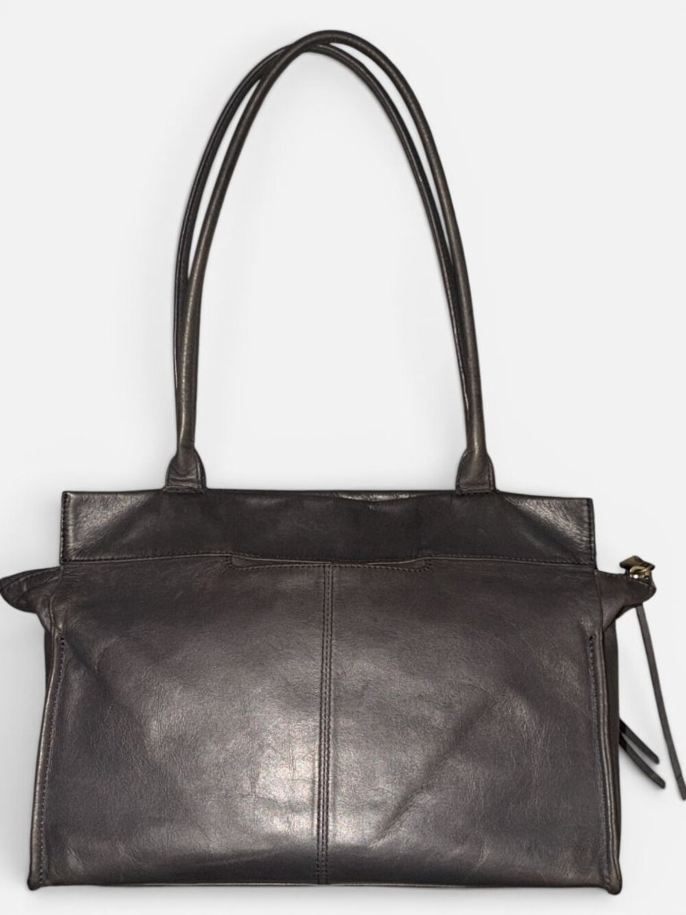 HOBO Seeker Shoulder Bag Slate Gray Polished Leather Brass Double Handle Satchel - Picture 4 of 8